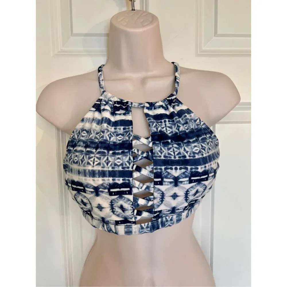 Indigo‎ Rein High Neck Size Large Blue Bikini Halter Top Tie Swimsuit